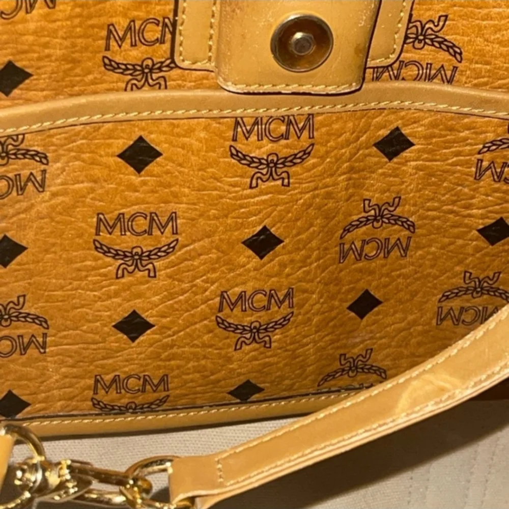 MCM Visetos Brown cognac Logo Tote Bag signature coated canvas with leather trim - Picture 7 of 12